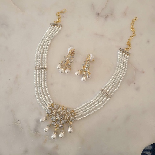 [MB11983] CZ Pearl Necklace Set (Gold)